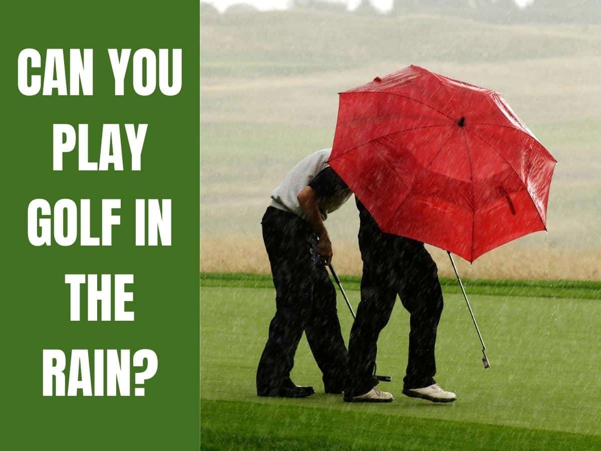 Golfers playing in the rain sheltering under an umbrella. Can You Play Golf In The Rain?